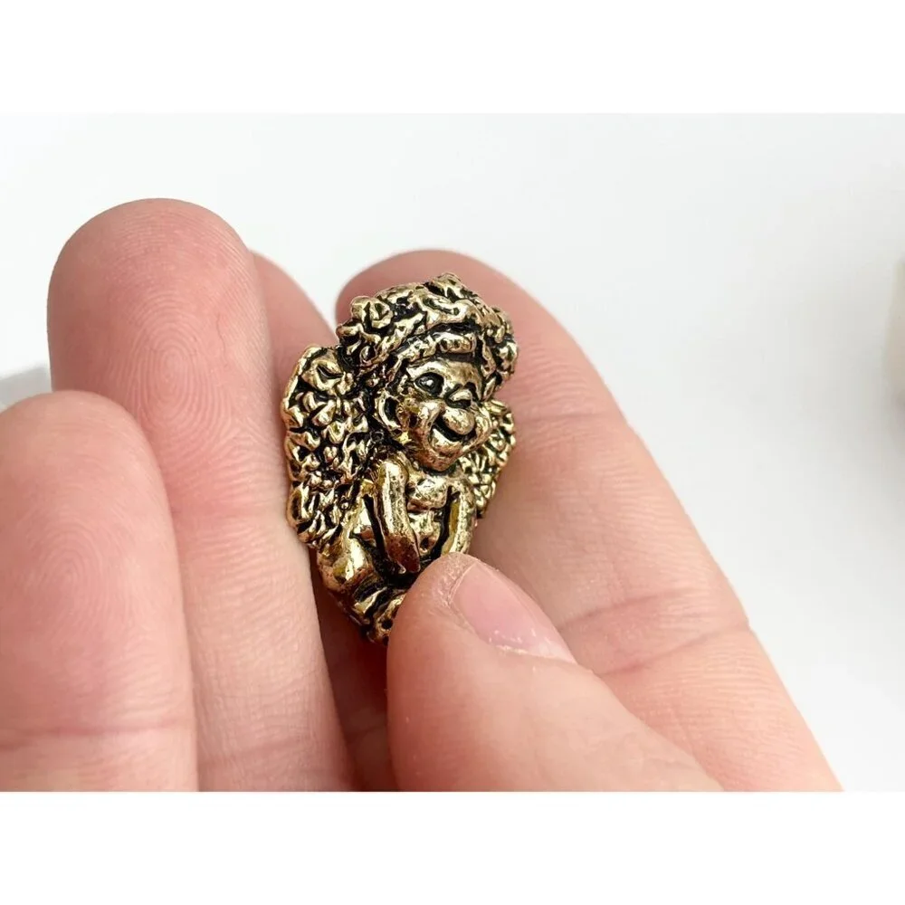 Cherub Angel Dark Gold Toned Carved Tiny Vintage Cute Jewelry Brooch | Lapel Pin